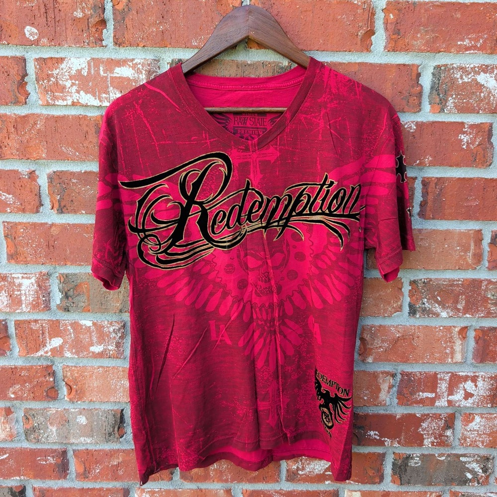 Raw State Redemption T-Shirt Mens Medium Red Gothic Skull Graphic V-Neck Tee